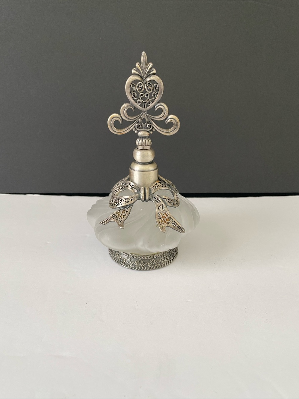 Vintage Pewter Metal Overlay Heart Perfume Bottle Frosted Glass Vanity Decor
